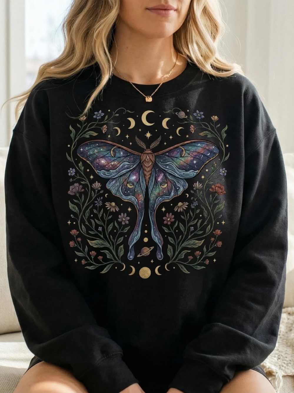Black Celestial Moth Graphic Sweatshirt with Multicolor Print